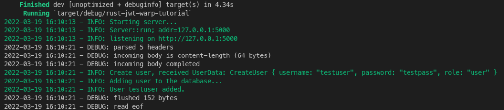 JWT security Rust REST API: user create logging