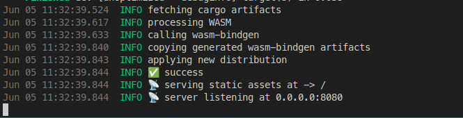 Trunk running console output. Server listening at 0.0.0.0:8080
