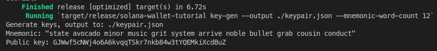 Rust Solana wallet keypair generation output: mnemonic and public key.