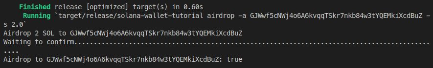 Airdrop to Solana address succeeded output.