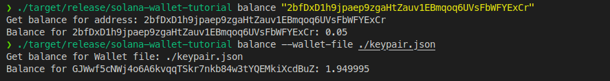 Output showing the balance in our original wallet has been reduced a bit more than 0.05 due to transaction fees.