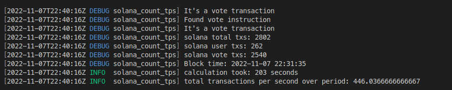 Terminal showing solana transactions per second end result.
