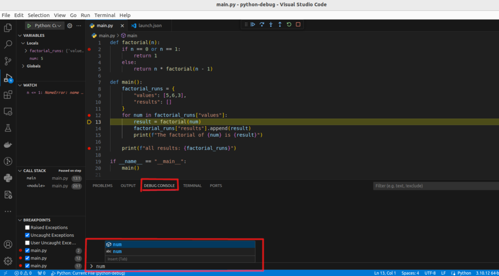 view of the visual studio code python debugger debug console