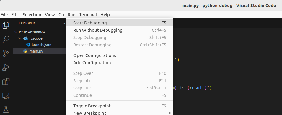 Showing run meanu with start debugging option highlighted.