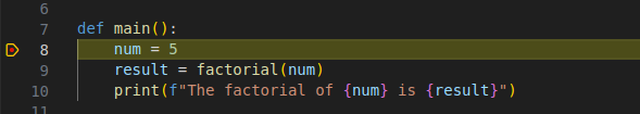 debugger pauses program on line 8 at breakpoint and highlights the line of code.