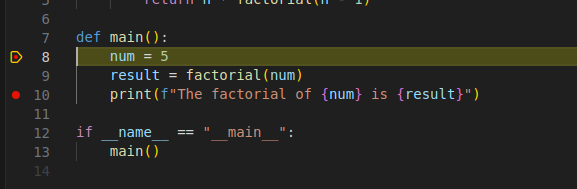 breakpoint set at line 10 while program is paused on line 8