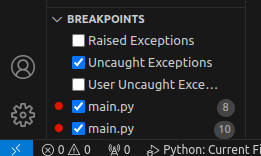 breakpoint list image with breakpoints on line 8 and line 10 visible.