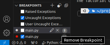 visual studio code python debugger breakpoint list image with breakpoint on line 8 disabled and showing the "remove breakpoint" popup