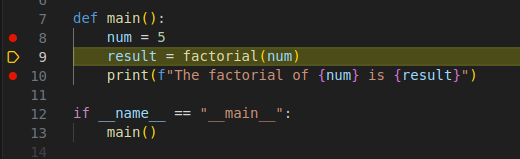 visual studio code python debugger moved to line 9 after clicking step over.