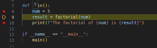 variable num has been assigned a value 5 after code executing line 8