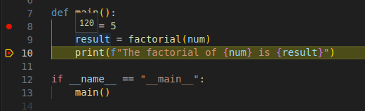 variable "result" has value 120 after clicking step over again to execute line where factorial function is called.