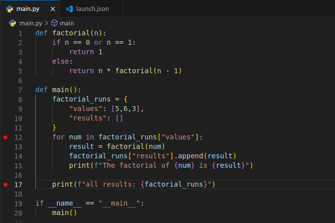 breakpoints set on lines 12 and 17