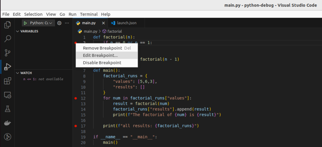 visual studio code debugger for python edit breakpoint menu