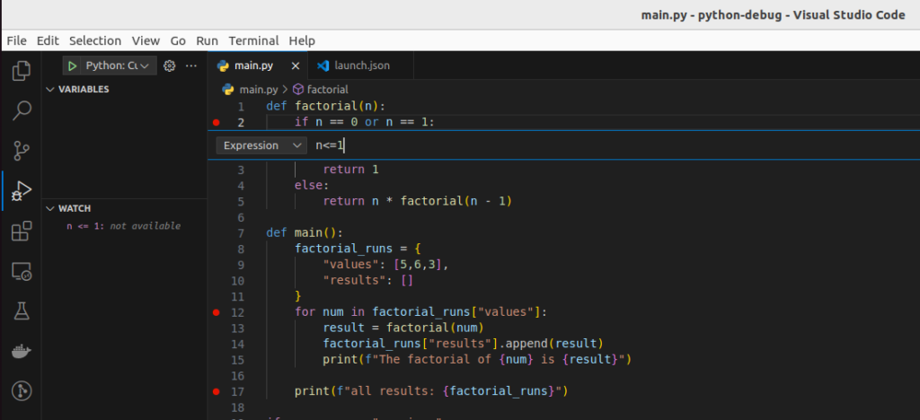 visual studio code debugger for python showing the conditional expression for a breakpoint