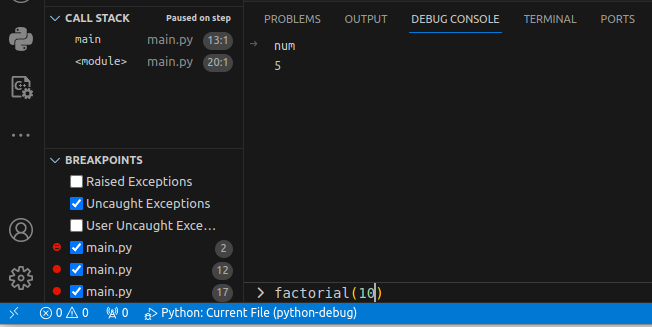 visual studio code debugger for python executing a function in the debug console