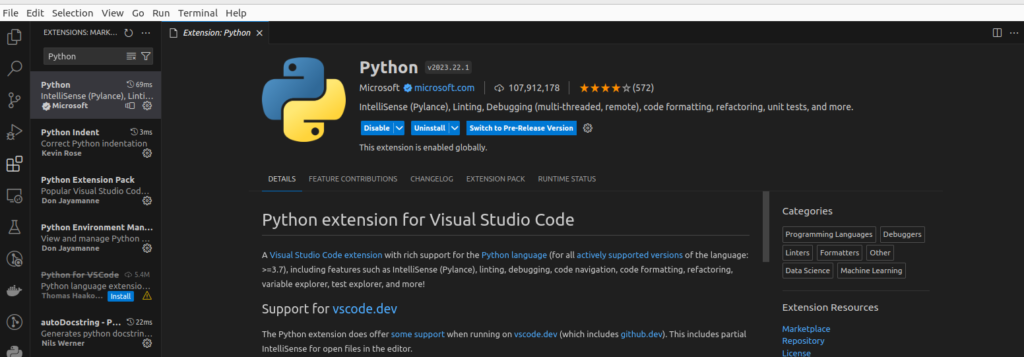 Python extension install in Visual Studio code to use debugger