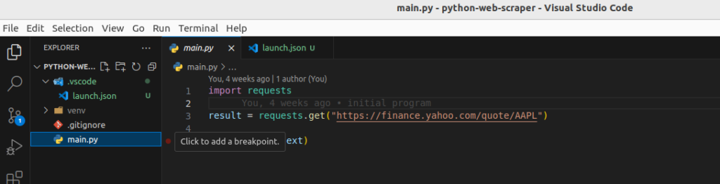 add a break point to our simple python web scraper program