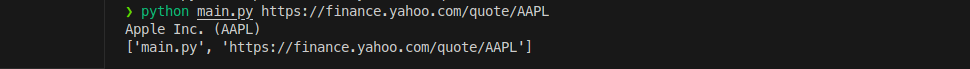 python web scraper command line output showing h1 tag information on downloaded page: "Apple Inc. (AAPL)"