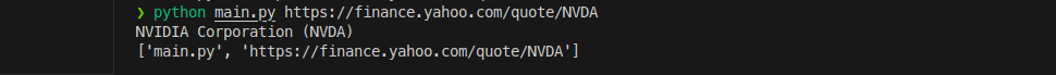 python web scraper command line output showing h1 tag information on downloaded page:  "NVIDIA Corporation (NVDA)"