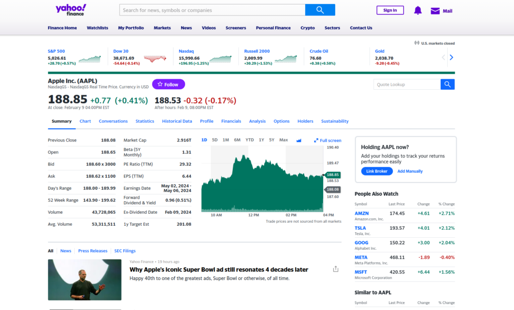 Screenshot of Yahoo Finance page for AAPL stock ticker.