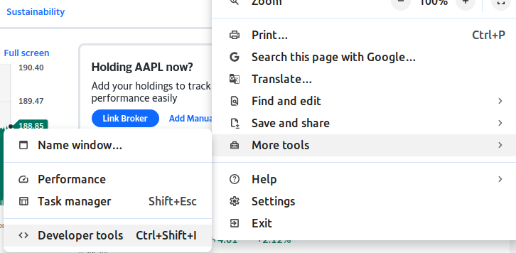 browser menu showing Developer tools menu option