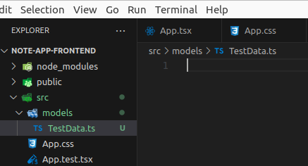 screenshot showing "models" directory and "TestData.ts" file was added to the react frontend project.