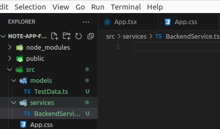 Screenshot of evolving python and react web app project files: added "services" dir and "BackendService.ts" file.