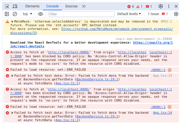 CORS error displayed in browser console.