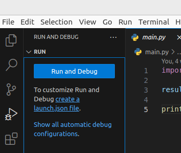 debug menu showing create a launch.json file option for debugging configuration