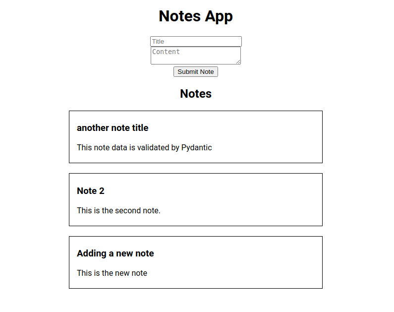 python and react web app: notes app UI showing input form for new note and list of existing notes.