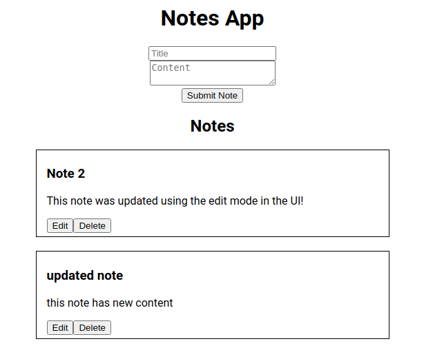 Python and React web app: showing updated note.