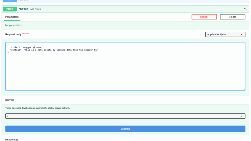 Python and react web app: input data to send to the back end in the swagger ui POST /notes endpoint
