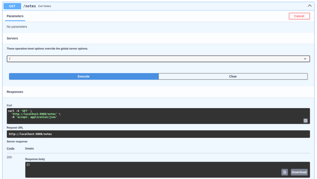 python and react web app: empty result from get notes because there is no data file with data yet.