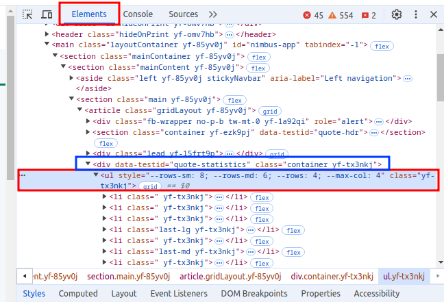 Python web scraper tutorial: showing the browser developer tools investigating HTML elements.