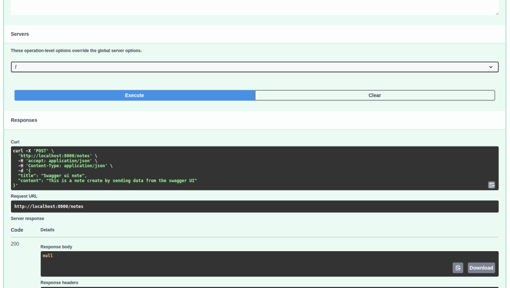 Result after executing the POST method with notes payload shows null.