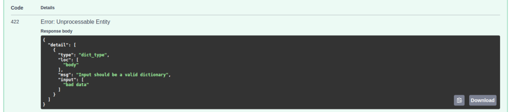 Result after sending bad data shows 422 error.