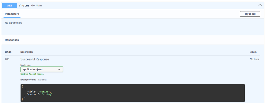 Python back end swagger UI showing updated response schema example.